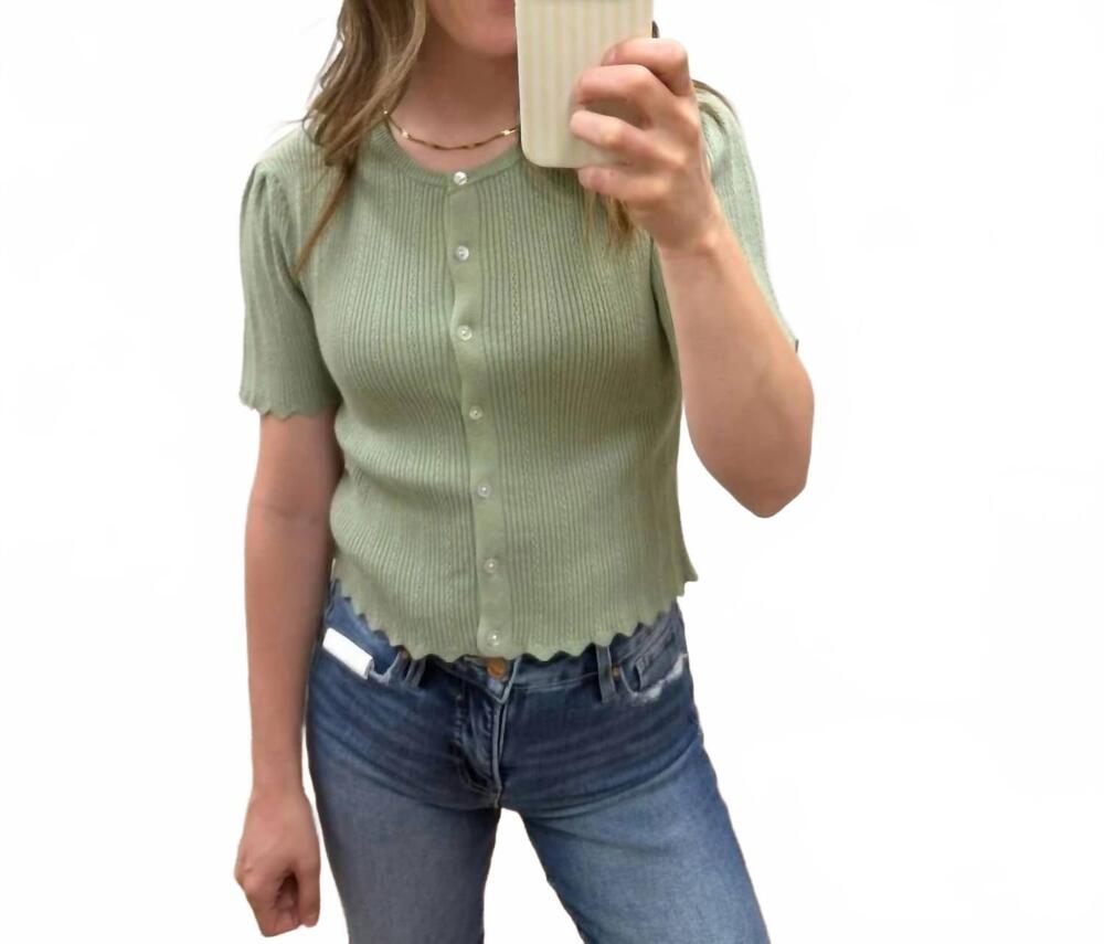 NEW &MERCI scalloped pointelle short sleeve knit cardigan in sage